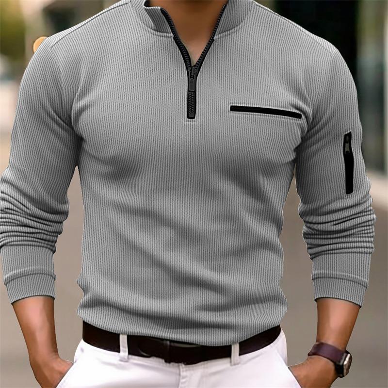 Men's Casual Striped Zipper Stand Collar Long Sleeve Polo Shirt 91939553Y