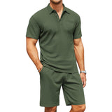 Men's Solid Waffle Lapel Short Sleeve Polo Shirt Shorts Casual Set 45913310Z