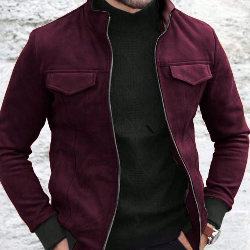 Men's Vintage Burgundy Stand Collar Suede Jacket 73832515U