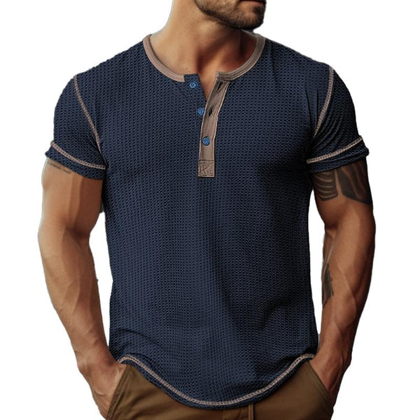 Men's Waffle Henley Collar Color Block Short Sleeves T-shirt 47068701Y