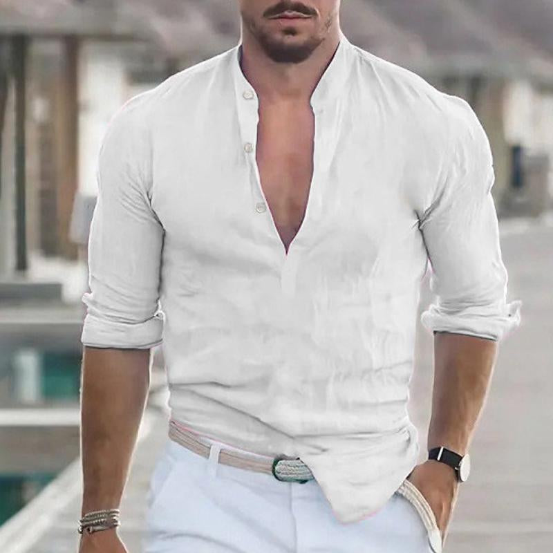 Men's Casual Solid Color Henley Collar Short Sleeve Shirt 37372015Y