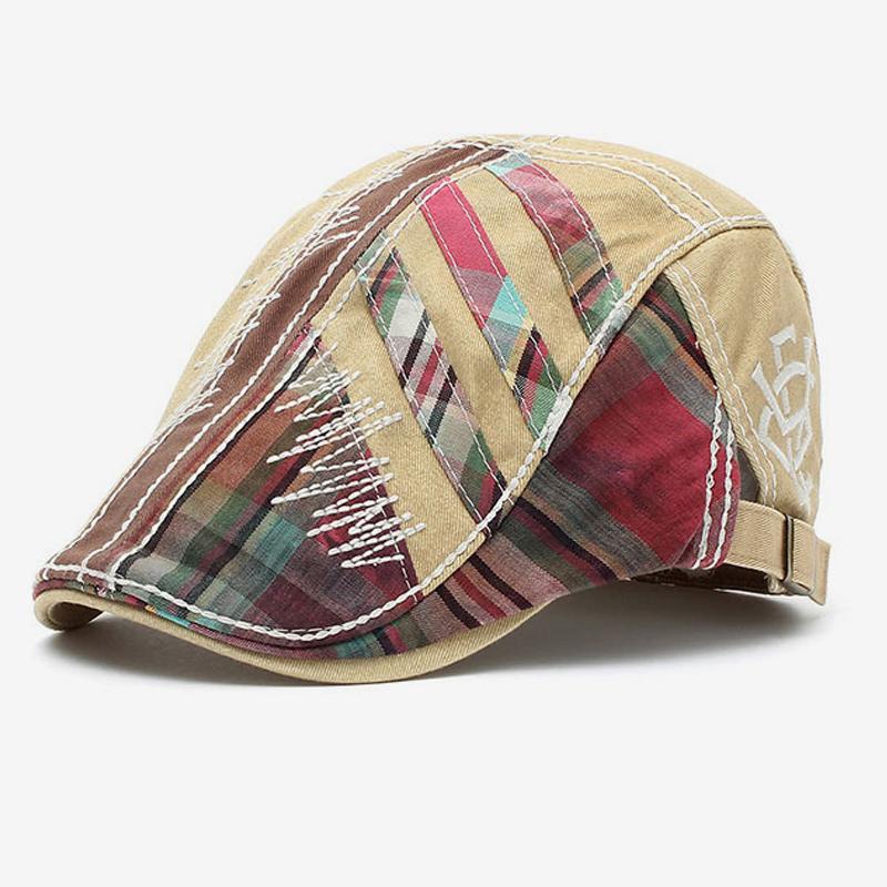 Men's Retro Stitching Plaid Beret Hat 35528198U