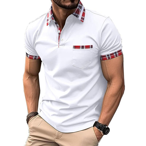 Men's Plaid Panel Button Pocket Henley Collar Sports Polo Shirt 12317871X