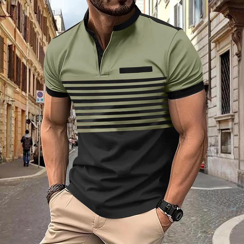 Men's Colorblock Striped Henley Collar Short Sleeve Casual T-shirt 07381888Z