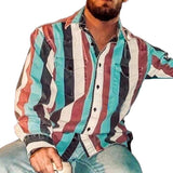 Men's Retro Color Block Stripe Printed Loose Long Sleeve Shirt 56477625M