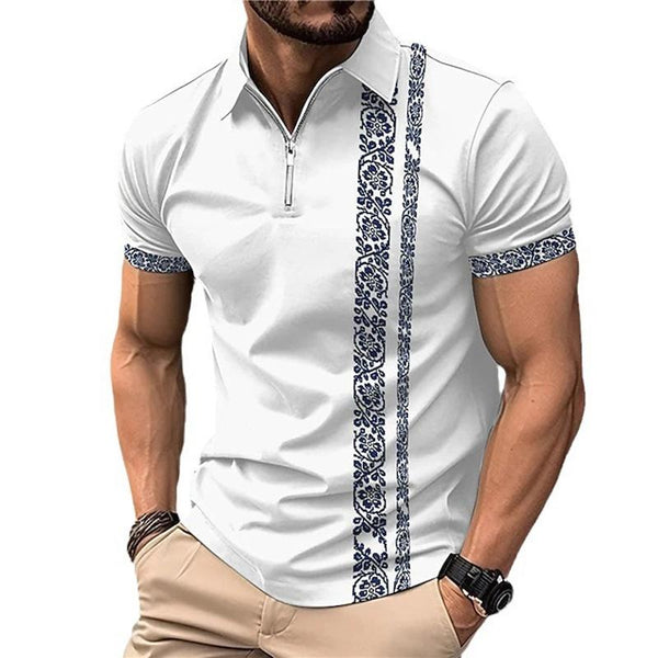 Men's Casual Printed Zipper Short Sleeve Polo Shirt 69618702Y