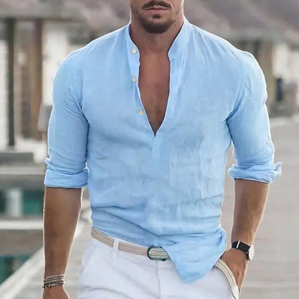 Men's Casual Solid Color Henley Collar Short Sleeve Shirt 37372015Y