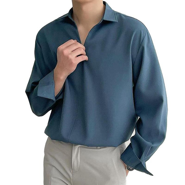 Men's Casual Solid Color Loose Lapel Long Sleeve Pullover Shirt 58643664M
