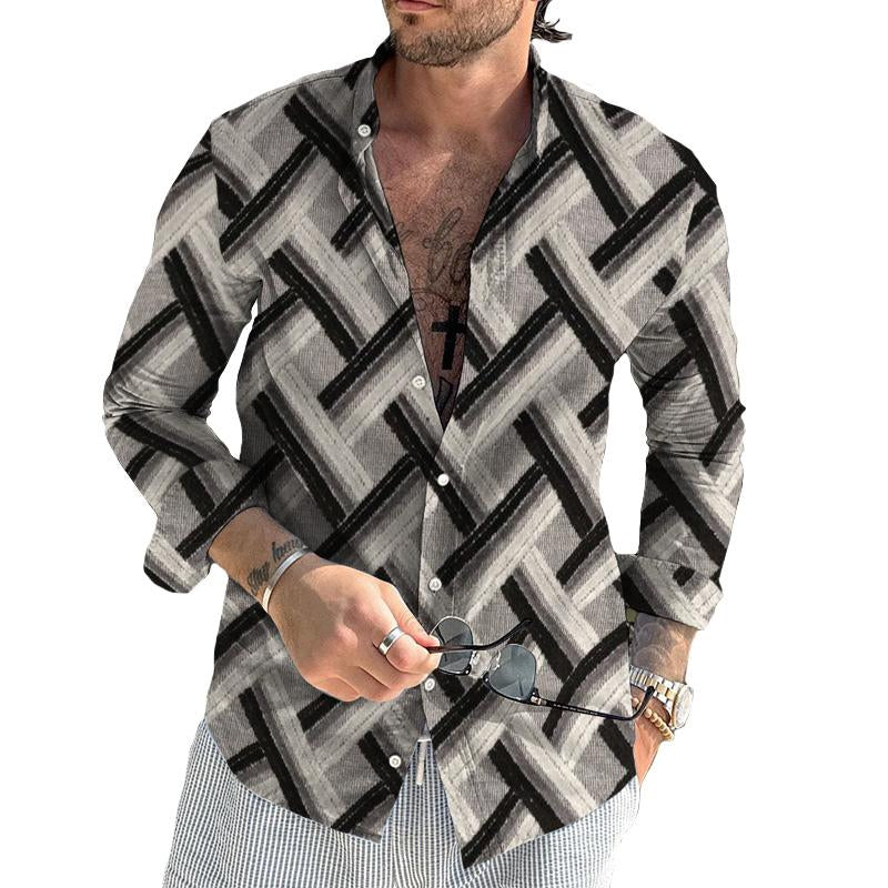 Men's Vintage Woven Print Stand Collar Long Sleeve Shirt 03788059TO