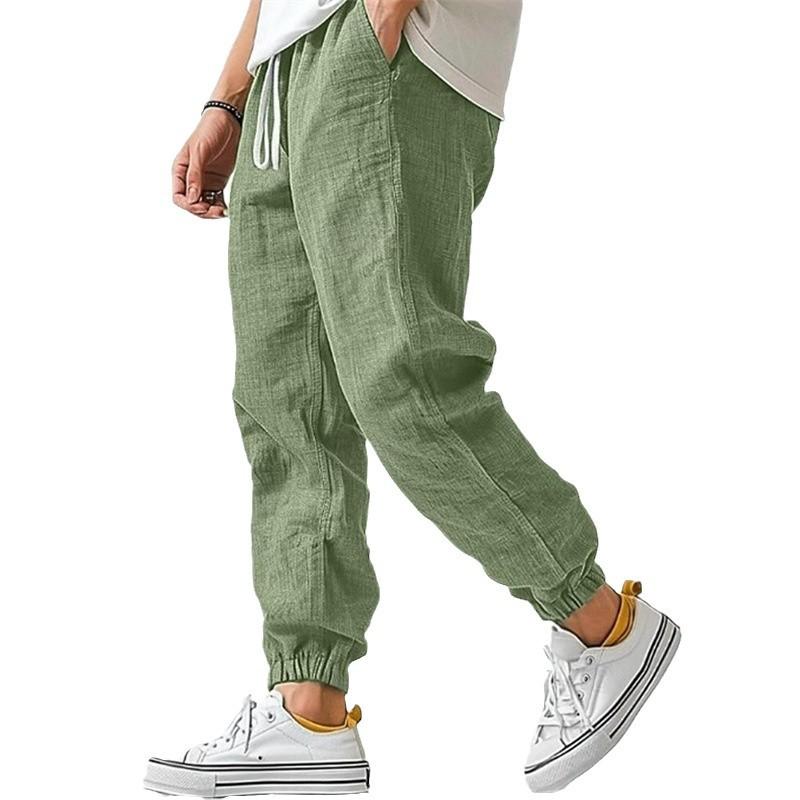 Men's Solid Color Cotton And Linen Elastic Waist Casual Pants 02919946Z