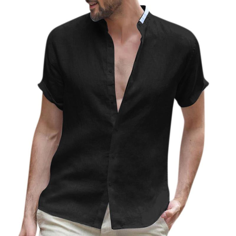Men's Casual Solid Color Stand Collar Short Sleeve Cotton Linen Shirt 27295364M
