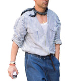 Men's Vintage Striped V-Neck Zip Double Breast Pockets Long Sleeve Shirt 73862299Y