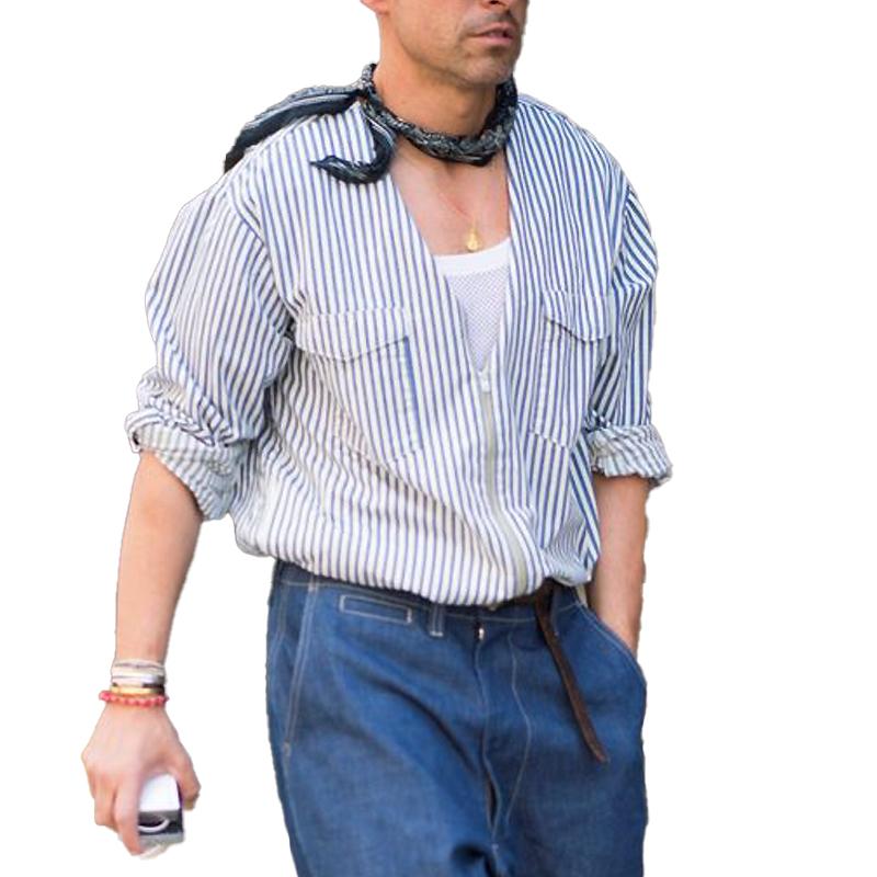 Men's Vintage Striped V-Neck Zip Double Breast Pockets Long Sleeve Shirt 73862299Y