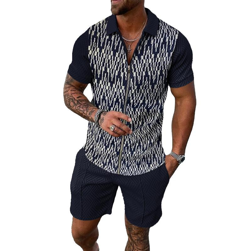 Men's Lapel Zipper Shorts Short Sleeve Polo Shirt Two-piece Set 64792562X