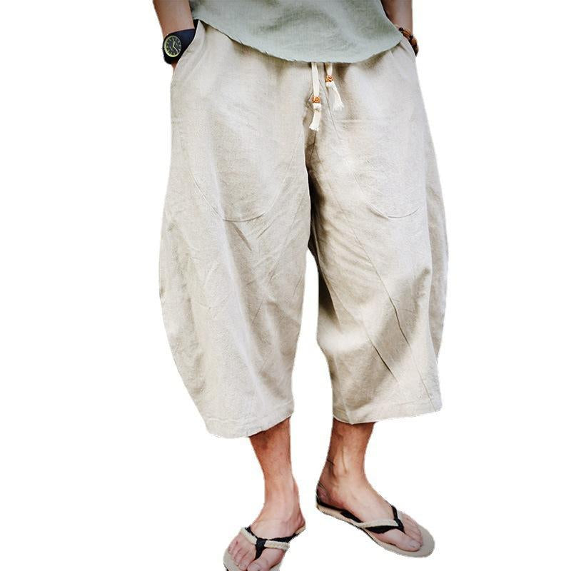 Men's Loose Solid Color Linen Drawstring Cropped Pants  84729678Y