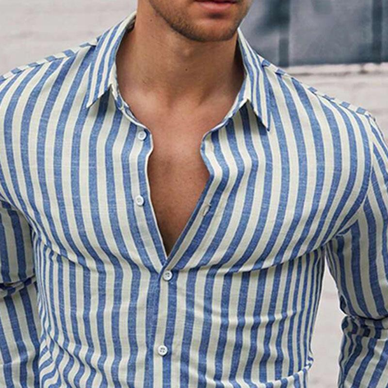 Men's Cotton and Linen Striped Lapel Long-sleeved Shirt 10240981X