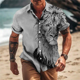 Men's Tiger Print Lapel Short Sleeve Shirt 00275490U