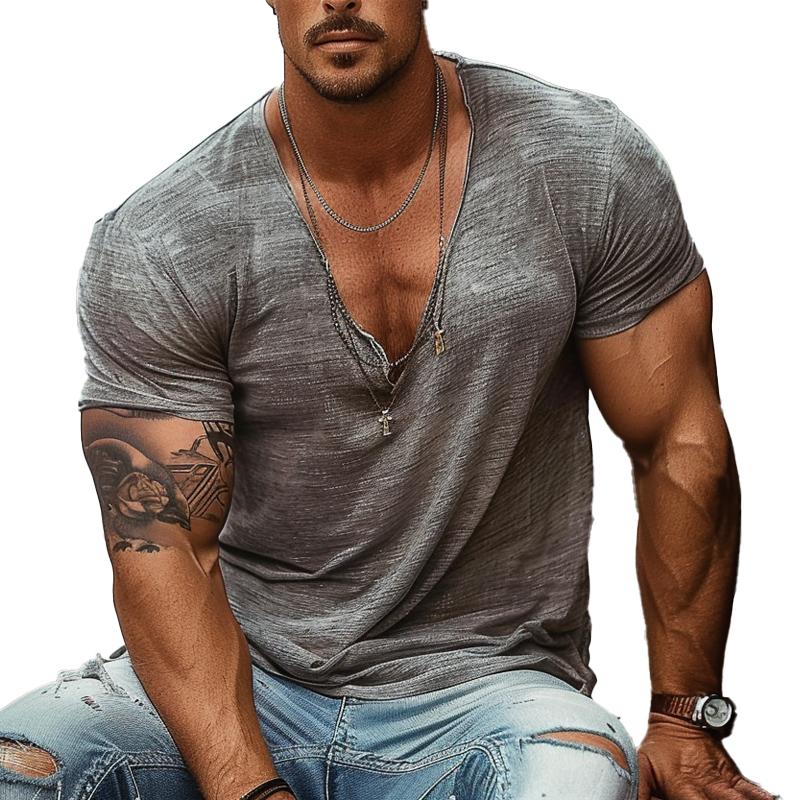 Men's Retro Thin Round V-neck Casual T-shirt 23127134X