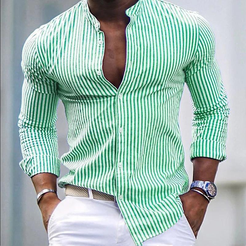 Men's Stripe Print Casual Fashion Stand Collar Shirt 14381228X