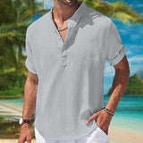 Men's Solid Color Cotton And Linen Henley Collar Short Sleeve Shirt 26206732Z