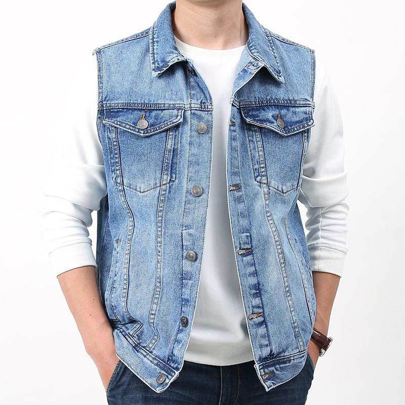 Men's Vintage Wash Lapel Single Breasted Multi Pocket Denim Vest 50562057M