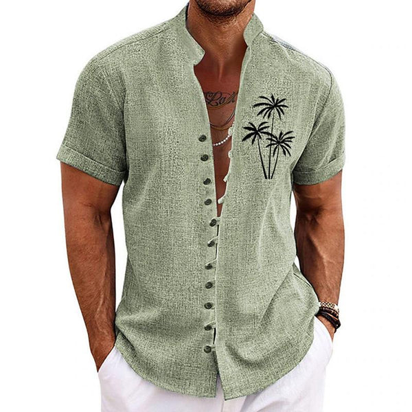 Men's Retro Coconut Tree Print Standing Collar Short Sleeved Shirt 04513476Y
