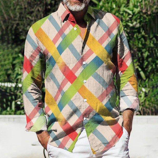 Men's Retro Colorful Plaid Lapel Long Sleeve Shirt 68522801TO