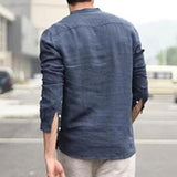 Men's Casual Cotton Linen Solid Color Henley Collar Long Sleeve Shirt 40885989M