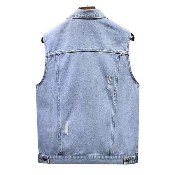 Men's Vintage Washed Ripped Lapel Lapel Single Breasted Denim Vest 74878409M