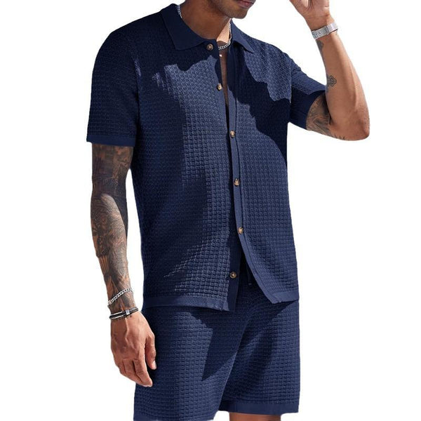 Men's Casual Waffle Lapel Short Sleeve Shirt Loose Shorts Set 01036146M