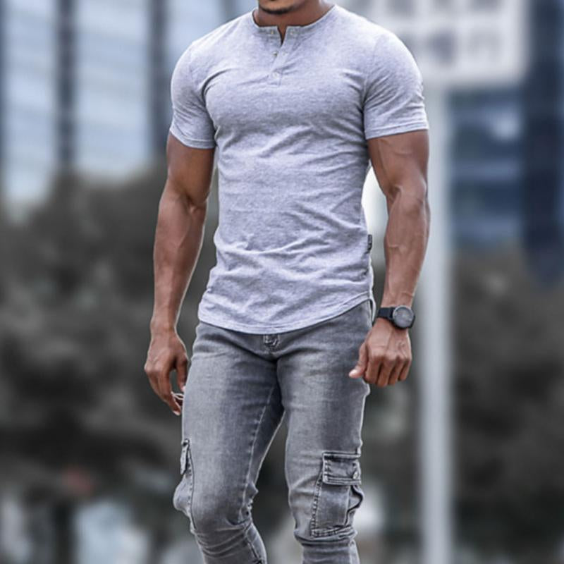 Men's Casual Henley Collar Stretch Slim Fit Short Sleeve T-Shirt 31525433M