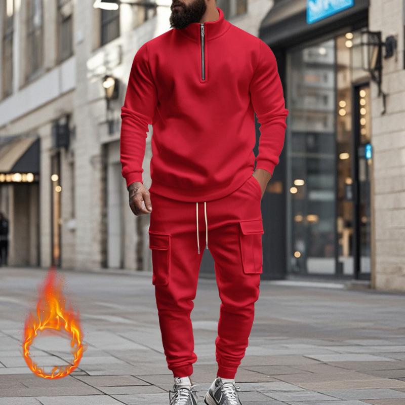 Men's Solid Color Casual Plush Warm Zipper Stand Collar Sweatshirt Sweatpants Set 08038864Y