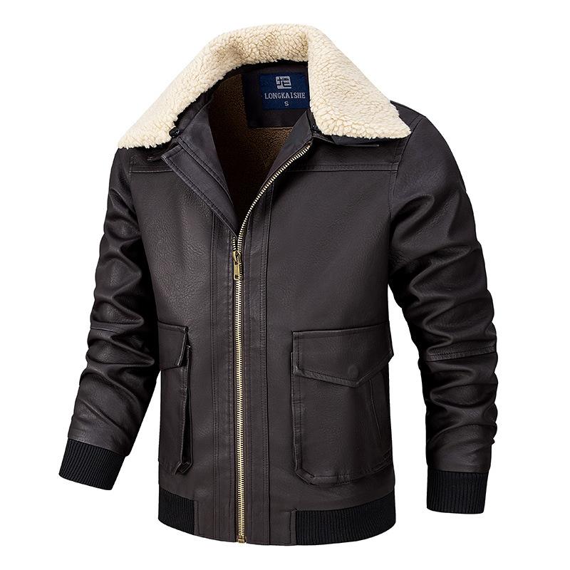 Men's Casual Plush Lapel Leather Jacket 18414490Y