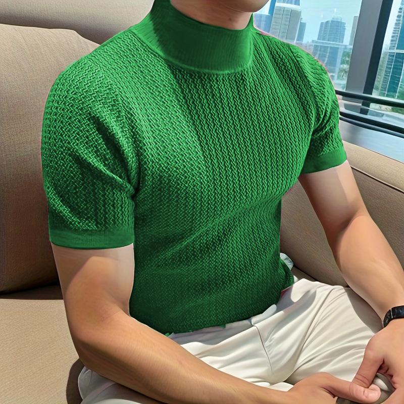 Men's Half Turtleneck Solid Color Tight Knitted Short-Sleeved T-Shirt 47280589Y