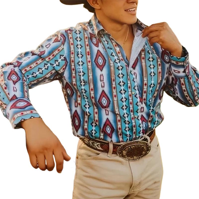 Western Cowboy Stripe-trykt ferie-langermet skjorte for menn 43560067X