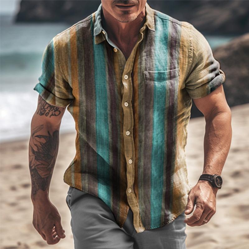 Men's Casual Striped Printed Lapel Short Sleeve Shirt 30706323Y