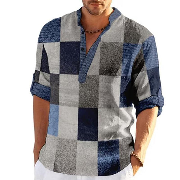 Men's Casual Contrast Color Plaid Stand Collar Long Sleeve Shirt 57323460M