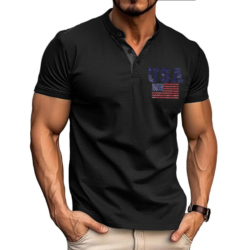 Men's American Flag Print Short Sleeve Button T-Shirt 65699171X