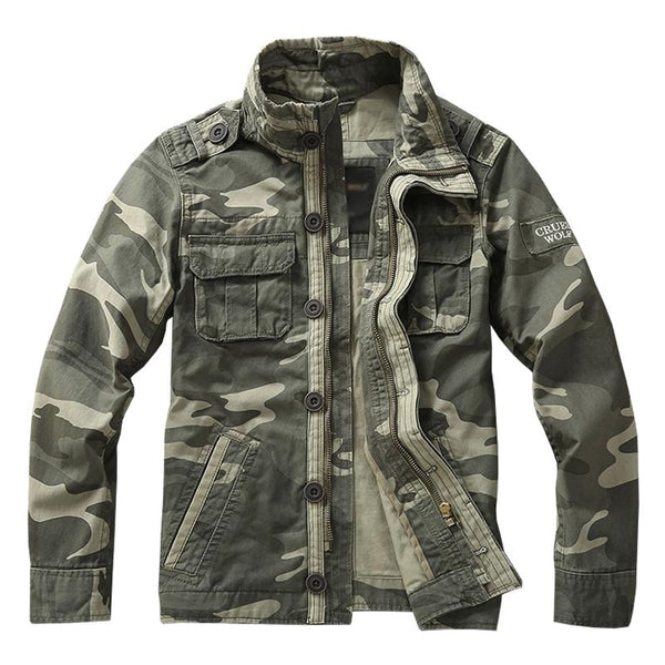 Men's Casual Cotton Camouflage Stand Collar Multi-pocket Zipper Work Jacket 20589487M
