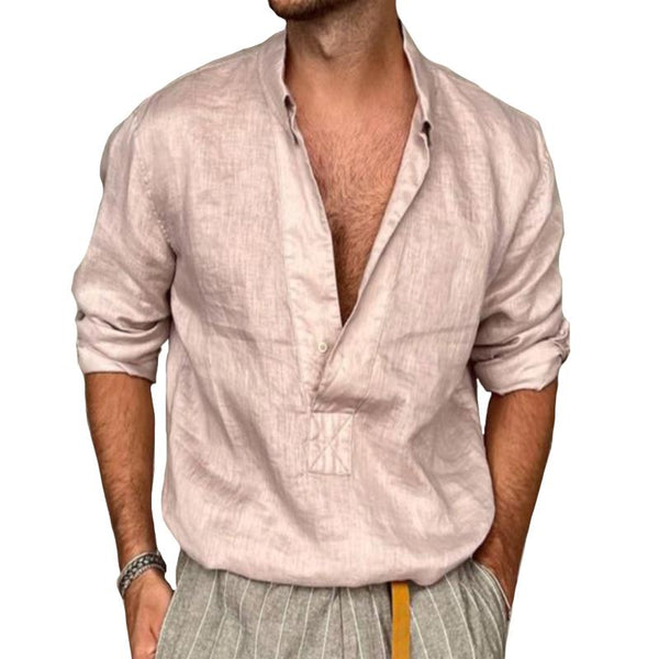 Men's Vintage Cotton and Linen Lapel Long Sleeve Shirt 38780084TO