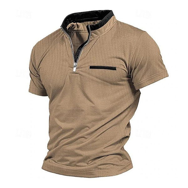 Men's Casual Zipper Stand Collar Color Block Short Sleeve T-Shirt 87687649M