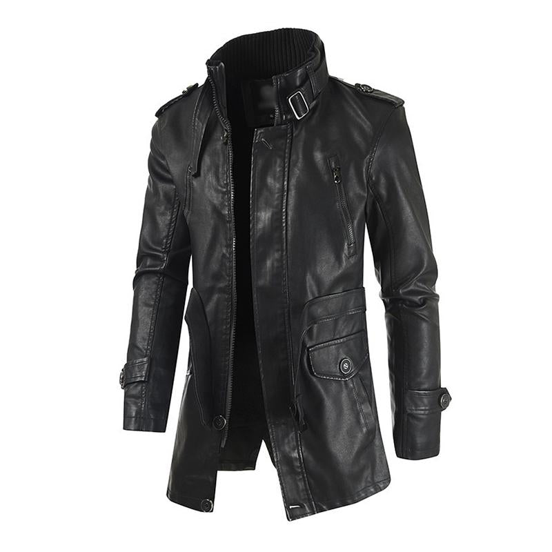 Men's Vintage Stand Collar Thickened Warm Mid-Length Zippered Leather Coat 04534056M