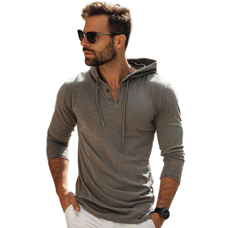 Felpa con cappuccio casual da uomo in misto cotone con collo Henley e maniche lunghe 96338108M