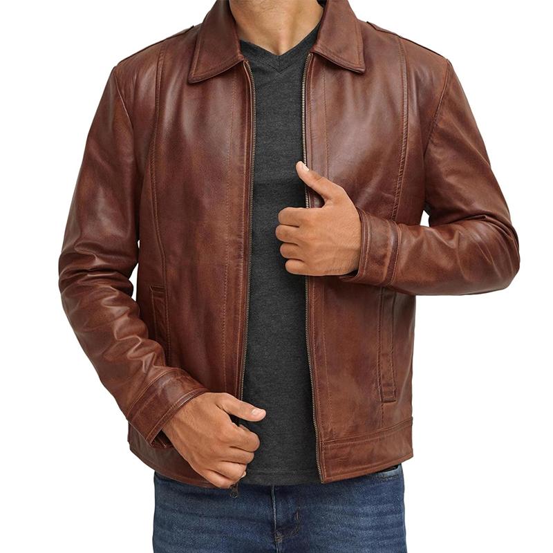 Men's Vintage Zipper Lapel Leather Jacket 10279530X