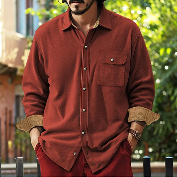 Men's Casual Solid Color Stitching Lapel Breast Pocket Long Sleeve Overshirt 87170148Y