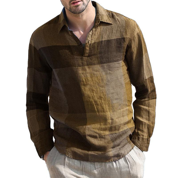 Men's Casual Cotton Linen Plaid Pullover Lapel Collar Loose Long Sleeve Shirt 75368572M
