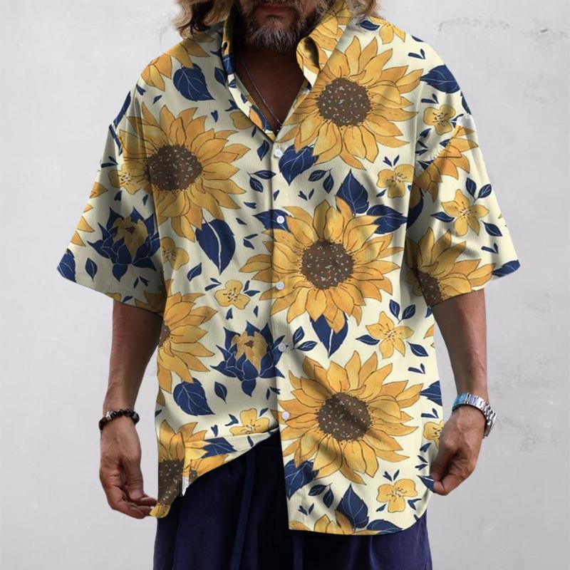 Men's Hawaiian Sunflower Lapel Short Sleeve Shirt 34982722TO