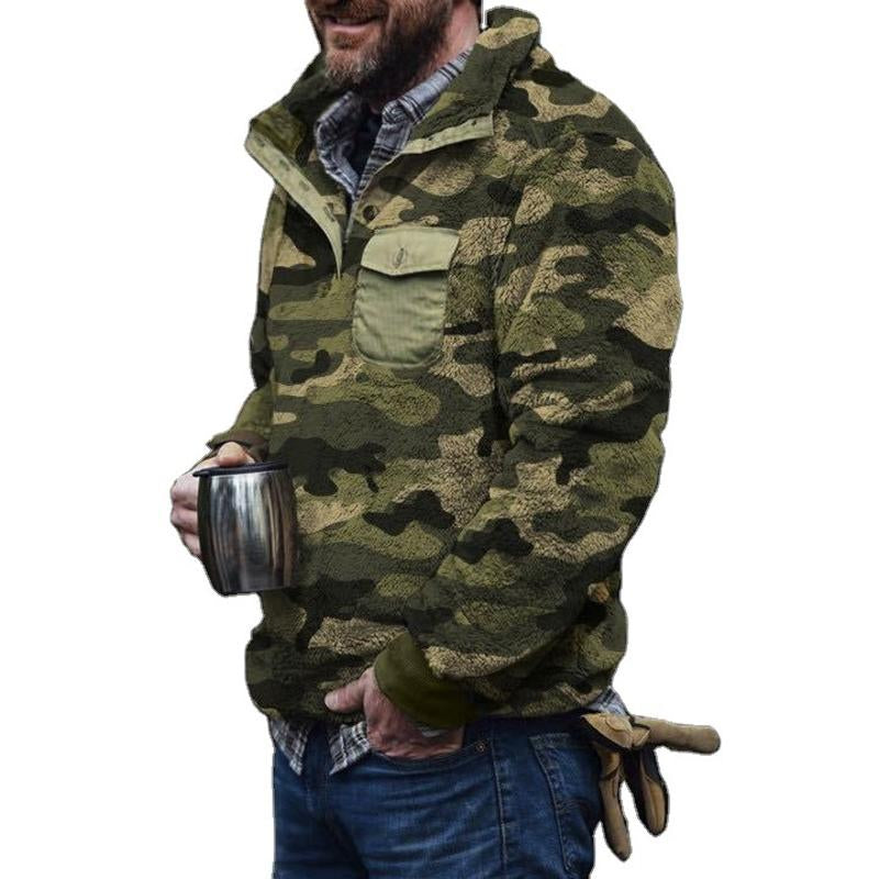 Men's Vintage Outdoor Camouflage Plush Warm Half-Open Collar Sweatshirt 88430983Y