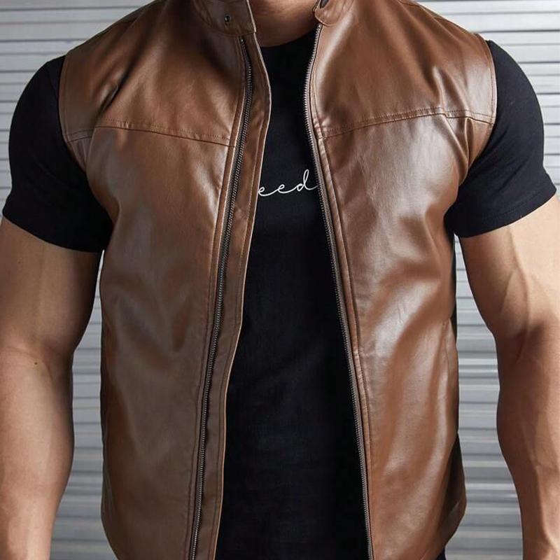 Men's Vintage Stand Collar Zipper Leather Vest 41873310U