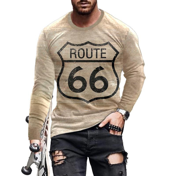 Men's Route 66 Print Long Sleeve Crew Neck Casual T-Shirt 18544398X